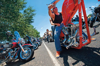 A group of motorcyclists stops for traffic as they make their way down Santa Fe Avenue during the fire and Ice Bike Rally in Grants in July 2009. Independent File Photo
